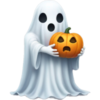 A cartoon ghost holding a carved pumpkin with a spooky face.