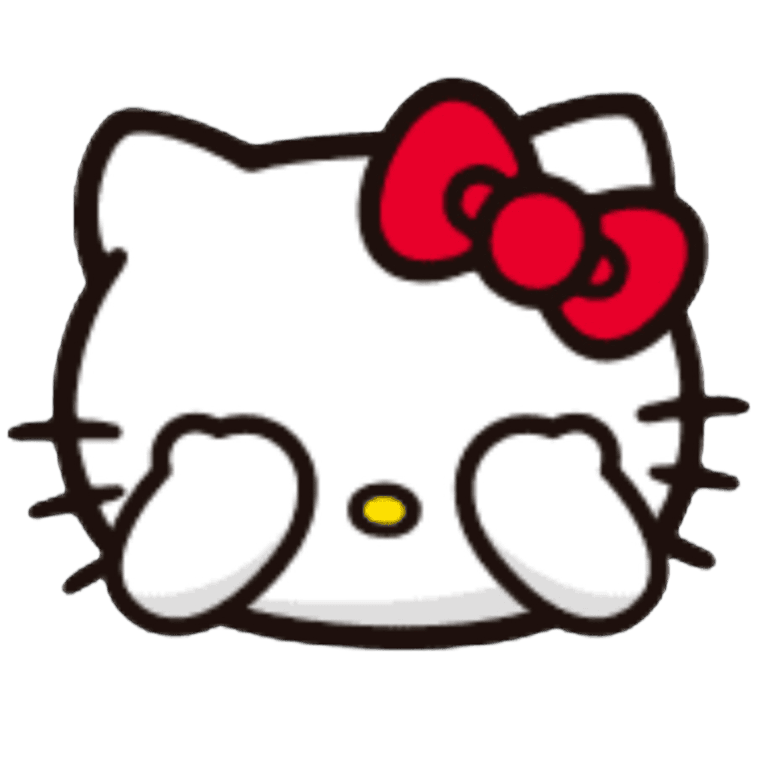 Cute Hello Kitty character with a red bow on its head, sitting with its hands covering its eyes.