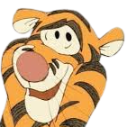 Cartoon tiger laughing with eyes closed and mouth open.
