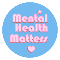 Blue circular background with pink text that reads 'Mental Health Matters' and a small pink heart below.
