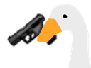 A cartoon drawing of a white duck with an orange beak, holding a black handgun in its wing.