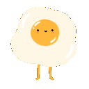 Cartoon fried egg with a smiling face and stick figure legs