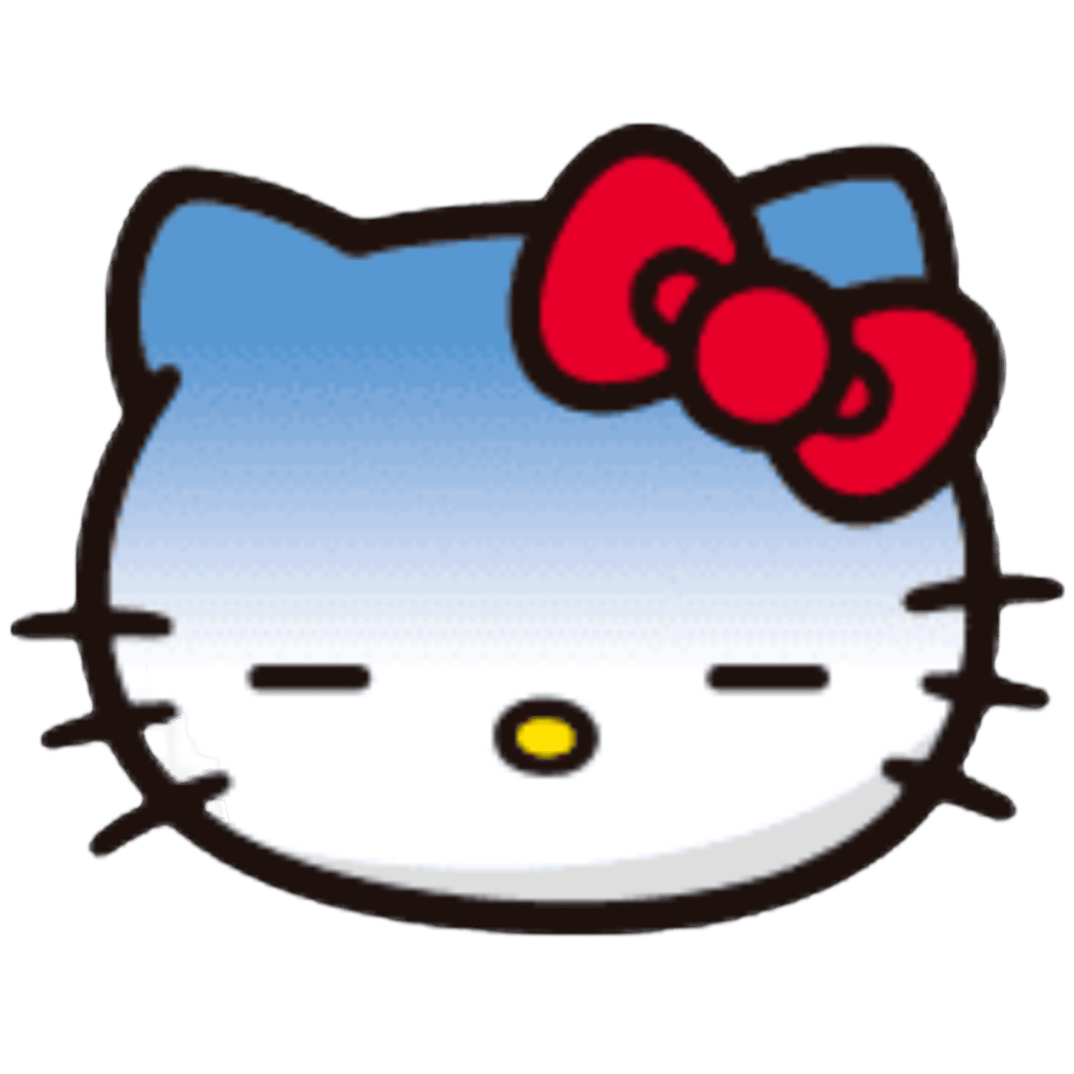 Hello Kitty's face with closed eyes, a yellow nose, and a red bow on her left ear.