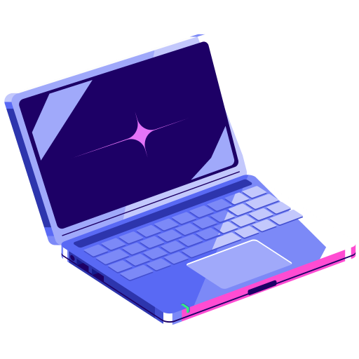 Digital illustration of a modern laptop computer with a glowing screen and colorful keyboard accents.