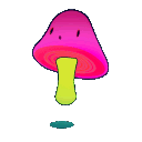 Cartoon pink mushroom with green stem and smiling face