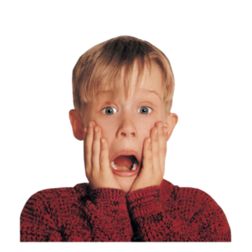 Child with surprised expression, hands on cheeks, mouth open, wearing a red sweater.