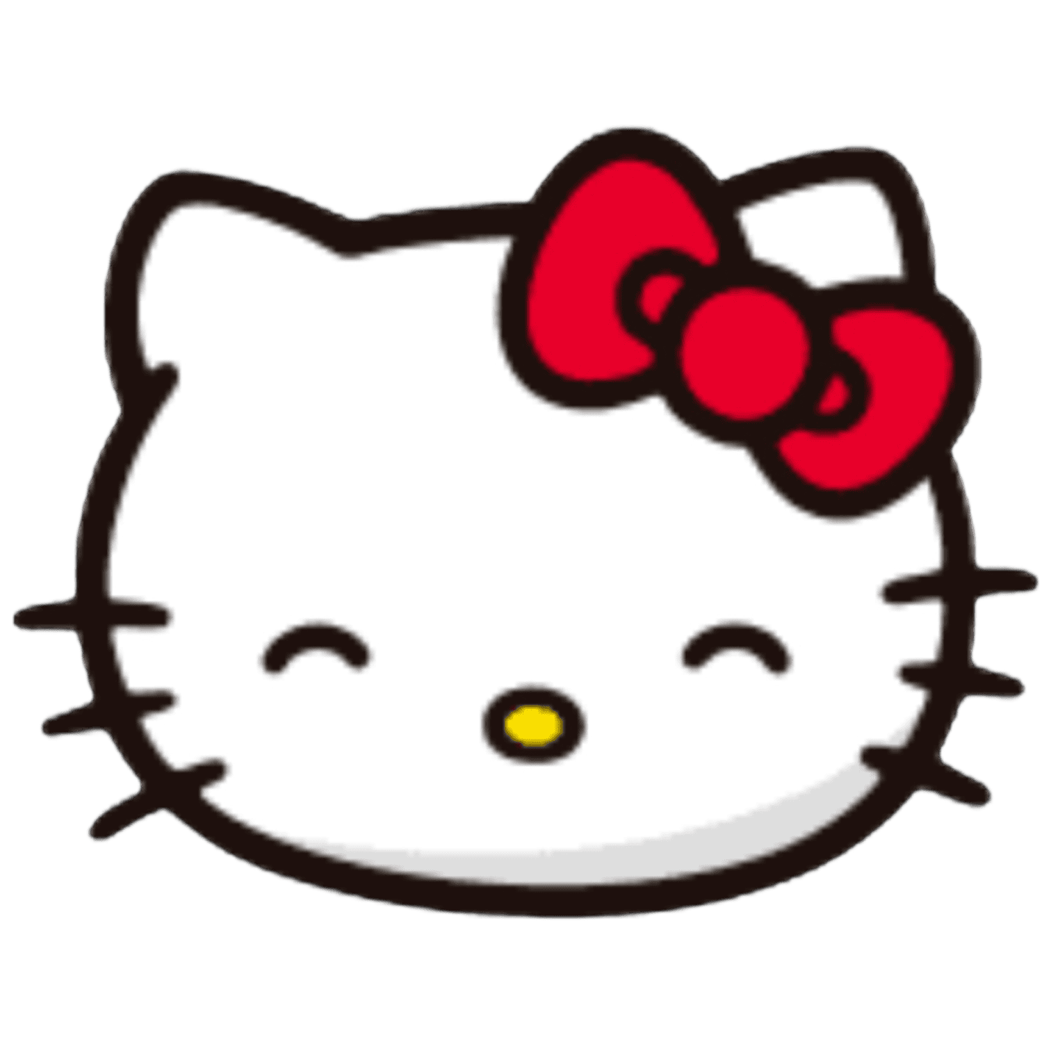 Hello Kitty cartoon face with white fur, closed eyes, a yellow nose, and a red bow on her left ear.