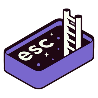 A graphic of a rectangular tray resembling an electronic device with the words 'esc' and 'title' inside, on a black background with stars.