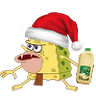 SpongeBob SquarePants wearing a Santa hat, holding a present, with a Christmas-themed background.