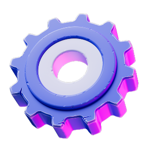 Colorful gear icon with a white center, illuminated with pink and blue neon lights.