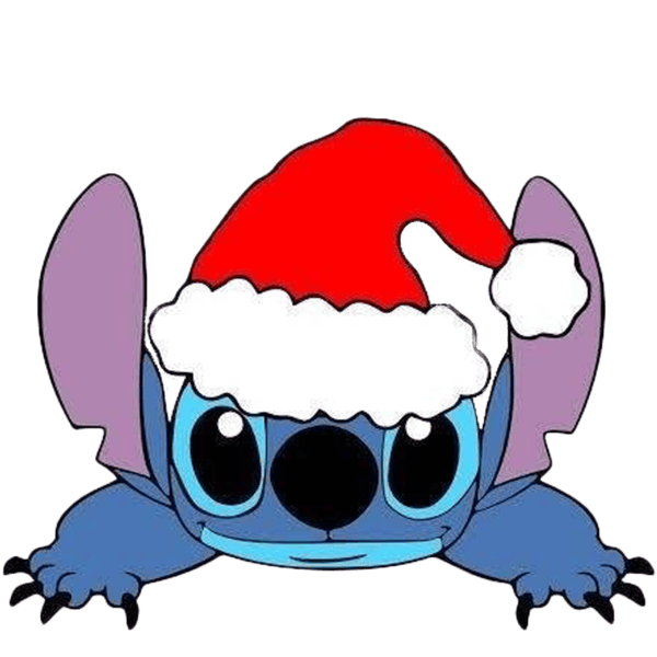 Cartoon image of Stitch from Lilo & Stitch wearing a Santa hat.
