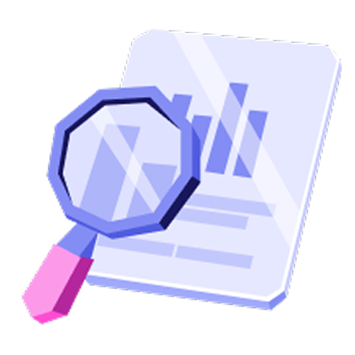 Magnifying glass over a report with bar graphs and charts.