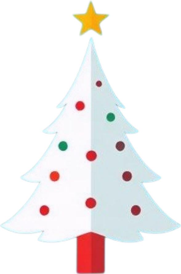A stylized white Christmas tree with red, green, and brown ornaments, topped with a yellow star, and set against a colorful background.