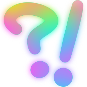 Colorful, gradient background with a large exclamation mark and question mark intertwined.