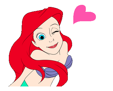 Animated illustration of a mermaid with long red hair, blue eyes, winking and smiling with her hand on her cheek, and a pink heart in the background.