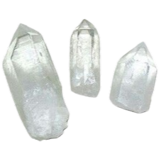 Four clear quartz crystal points of varying sizes against a black background with a red base.