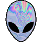 Stylized alien head with rainbow-colored patterns on a black background.