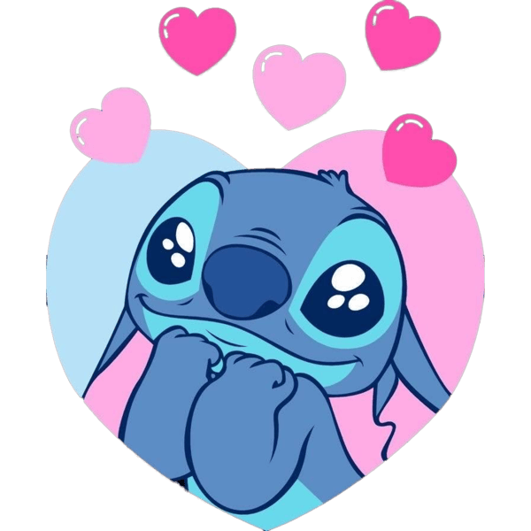 A cute cartoon depiction of Stitch from Disney, surrounded by pink hearts.