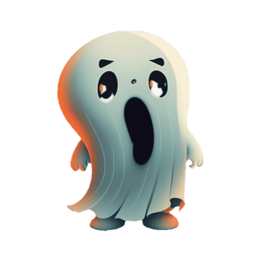 Cartoon ghost character with large sad eyes and an open mouth, wearing a white sheet-like costume and standing against a dark background.