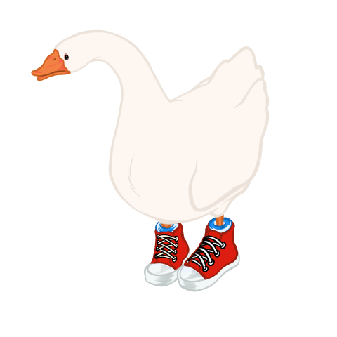 A cartoon goose wearing red sneakers with white laces standing on a white background.