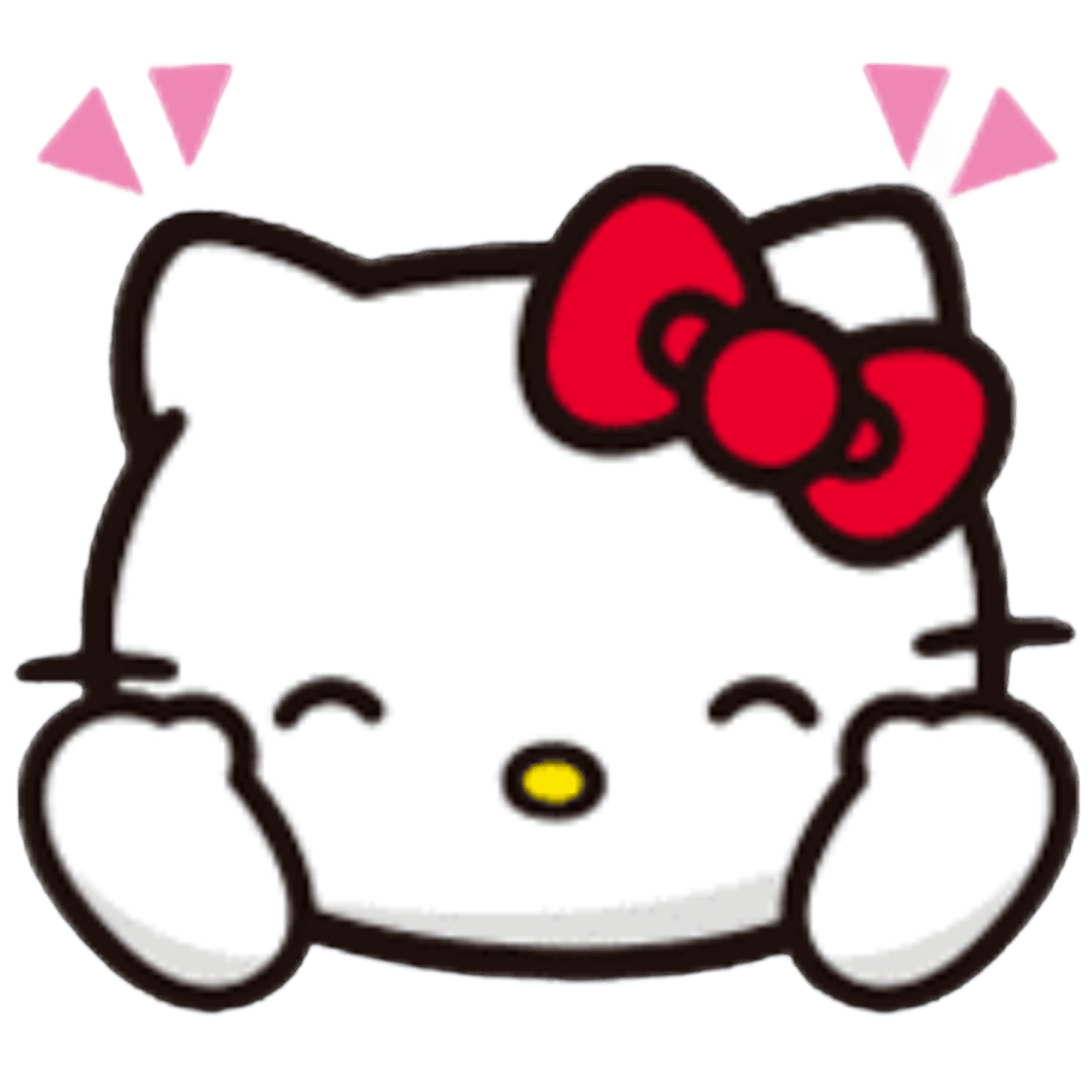 Cartoon of Hello Kitty with closed eyes, a red bow on her head, and her hands on her cheeks.