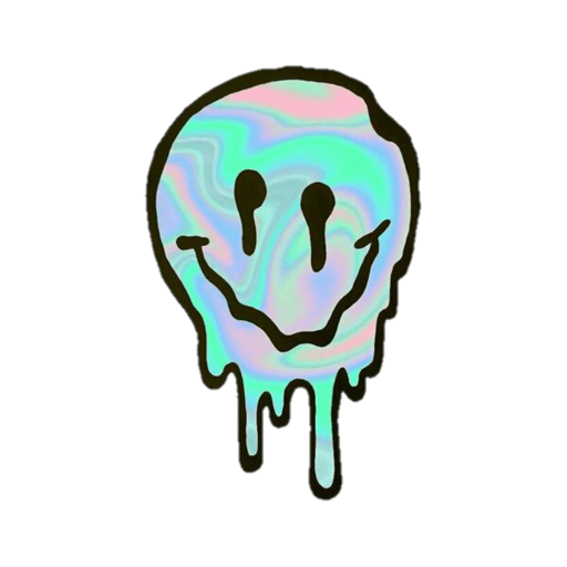 A melting skull with a smiley face on a black background, featuring an iridescent, rainbow-like surface.