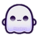 Cartoon ghost in purple with a smiling face and hollow eyes