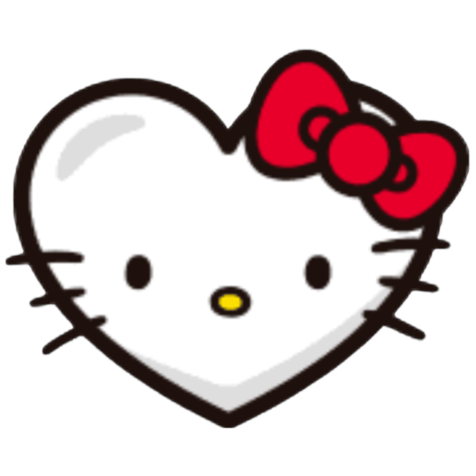 Hello Kitty face with a large red bow on her left ear, simple black eyes, nose, and whiskers on a white heart-shaped face.