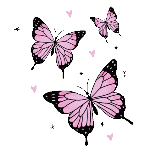 Pink background with three pink and black butterfly illustrations and small heart and star shapes
