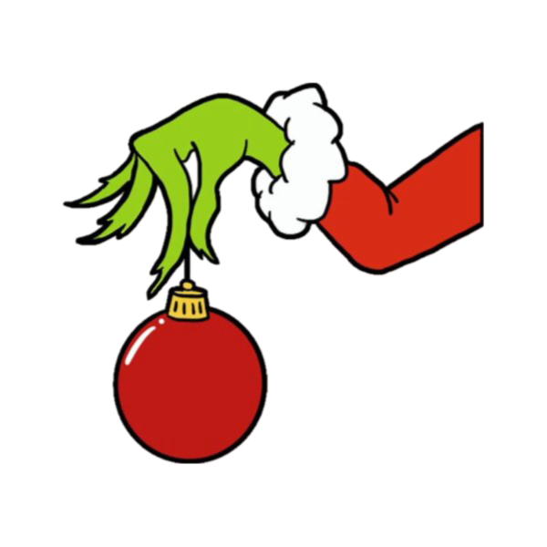 Cartoon of Santa Claus's hand holding a green tree ornament with a red background.