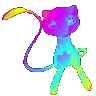 Colorful cartoon cat with purple and teal fur, standing on its hind legs, with a playful expression.