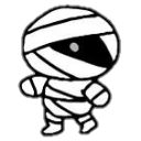 A cartoon character wrapped in bandages with one eye visible