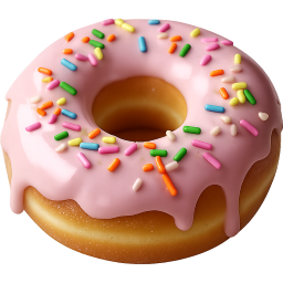 Chocolate-glazed donut with pink icing and colorful sprinkles.