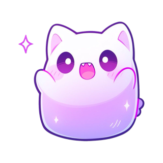 Cute cartoon plushie of a round, white cat with big purple eyes and pink cheeks, surrounded by sparkles.