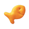 A small, orange, fish-shaped snack or toy.