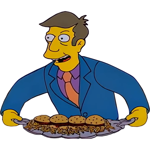 Animated man in blue suit with purple shirt and orange tie holding a tray of four chocolate chip cookies.