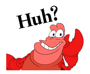 A cartoon lobster with a big smile and a speech bubble saying 'Huh?' on a gray background.