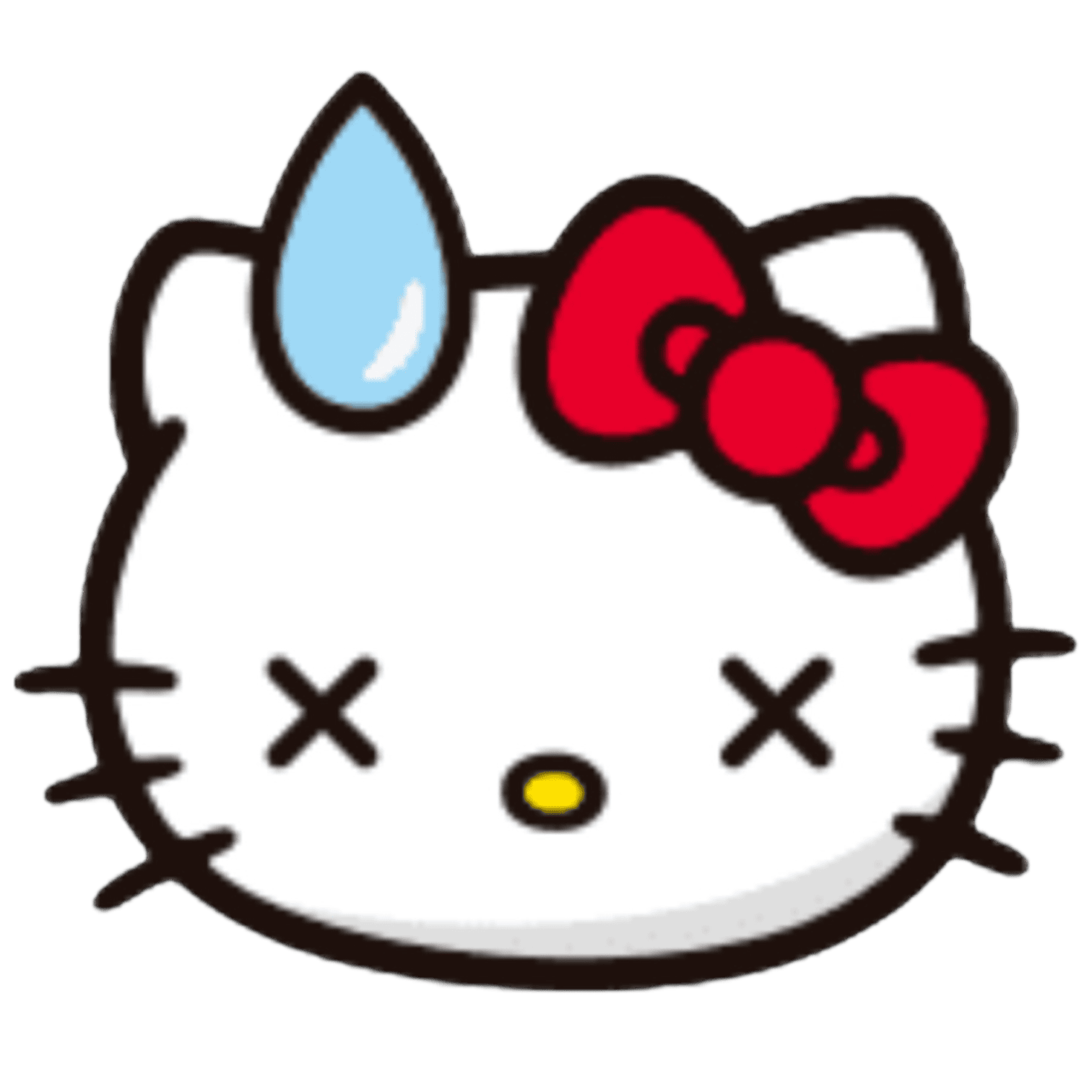 Illustration of Hello Kitty's head with a blue horn, red bow, and closed eyes.