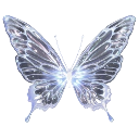 A glowing, crystal-like butterfly with intricate wing details set against a light blue background.