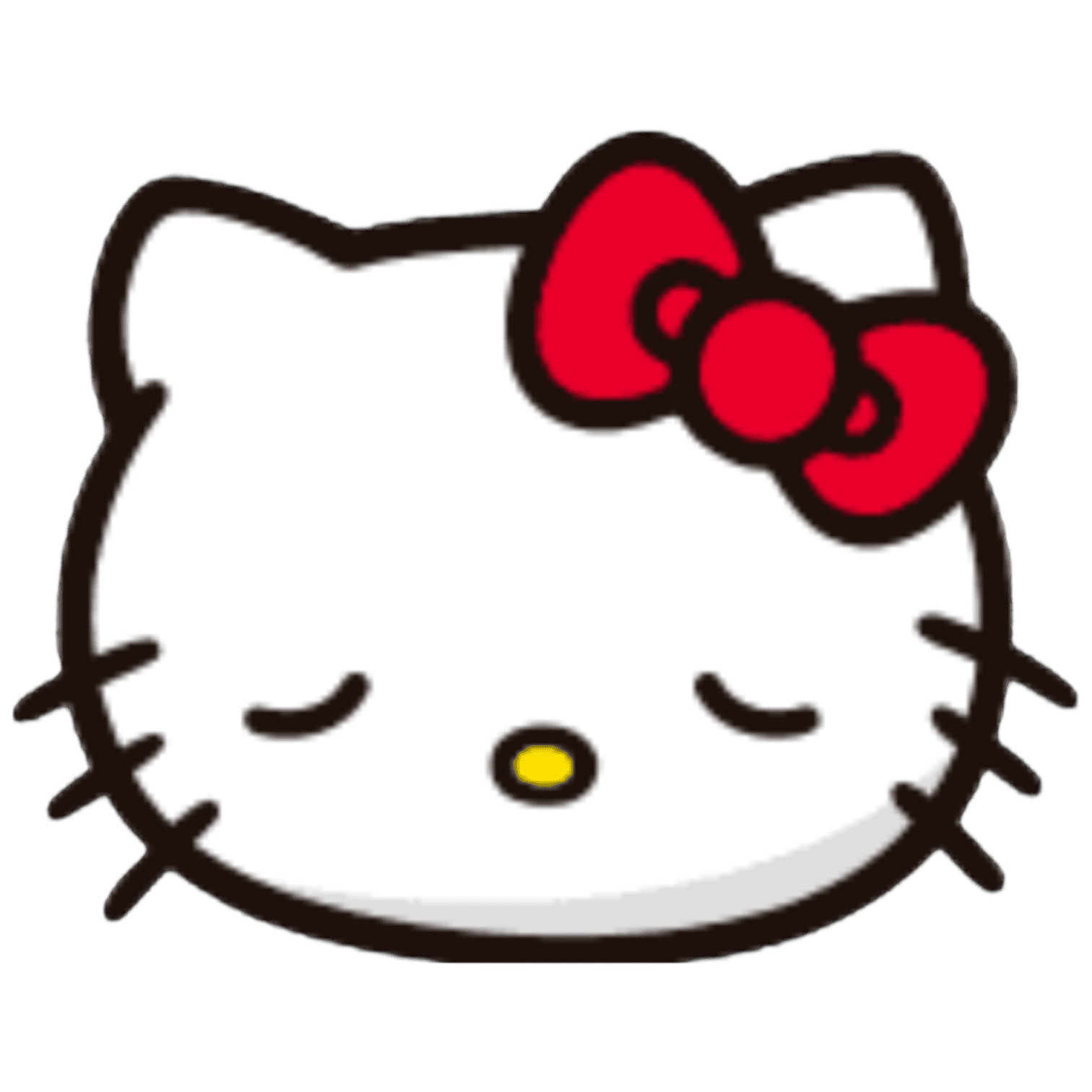 Hello Kitty's face with white fur, closed eyes, a yellow nose, and a red bow on her left ear.