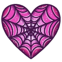 Heart-shaped object decorated with a pink and purple spiderweb pattern.