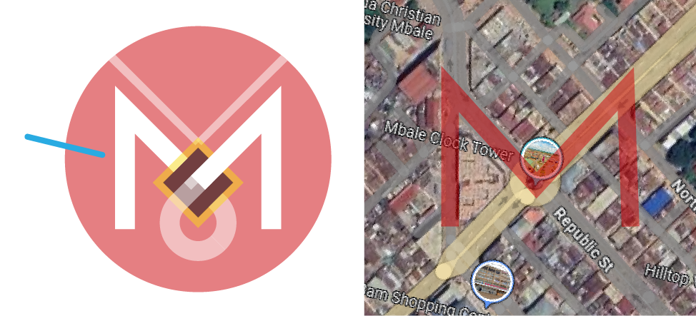 Overlay of the Mumbai Indians cricket team logo on a satellite map with red arrows pointing to the Mbola Clock Tower.