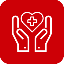 Medical hands holding a heart with a plus symbol inside, on a red background