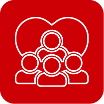 Outline of a group of five people in front of a large heart, all inside a red square background.