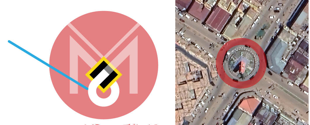 A split image showing a stylized logo on the left and an aerial view of a city intersection on the right. The logo features a large red shape with a white 'M' and a black, white, and yellow icon in the center. The aerial view shows a roundabout with a red-roofed building at its center, surrounded by streets and various buildings.