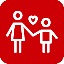 A white outline of an adult and child holding hands with a heart between them on a red background.