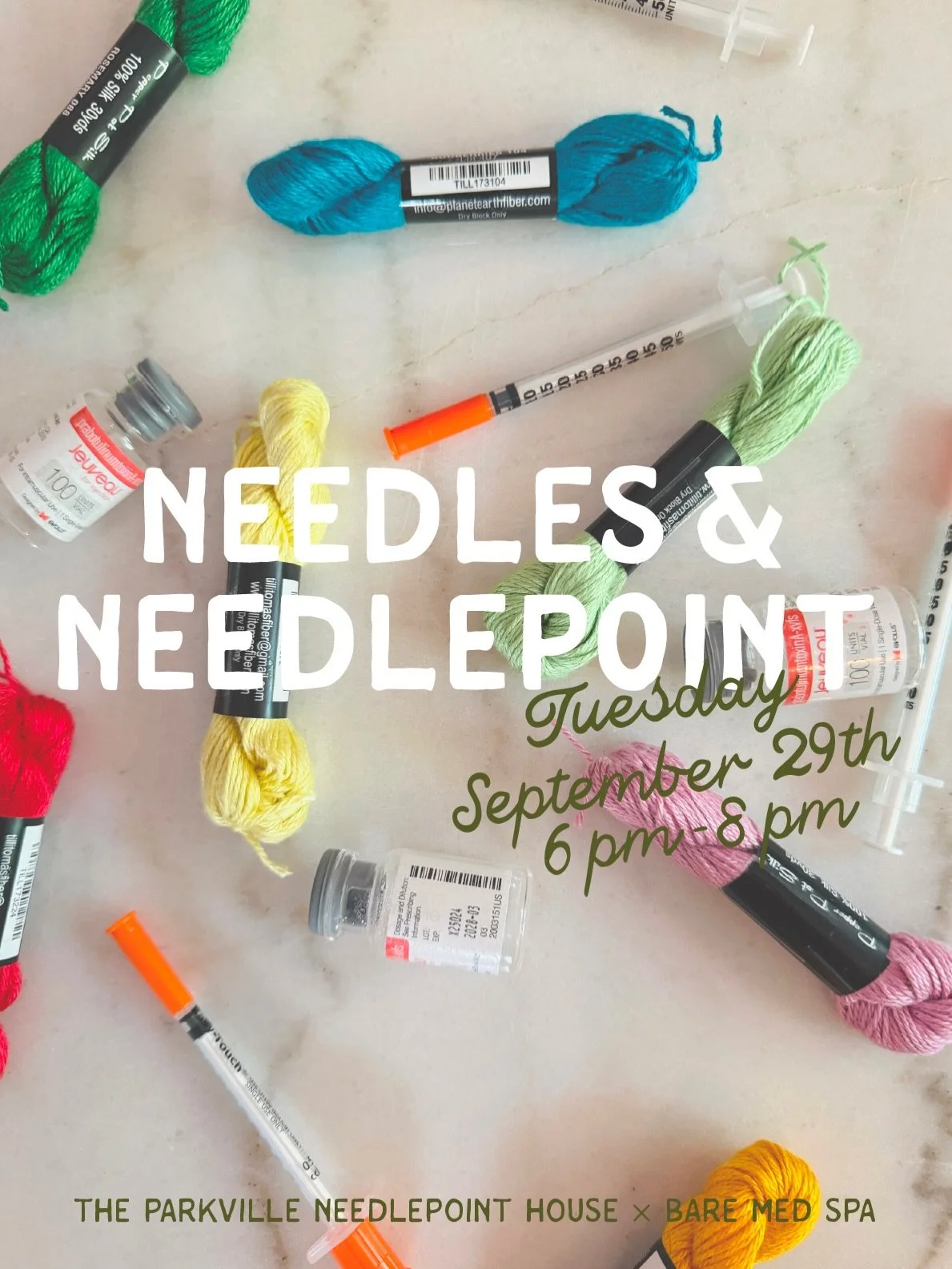 YOU ASKED, WE ADDED 💉🪡

Needles &amp; Needlepoint officially sold out, so we just opened a few more spots!

Tuesday, September 29 | 6&ndash;8 PM
Needlepoint, neurotoxins, B12 + a little shopping with the sisters 💕

All injections are performed by 