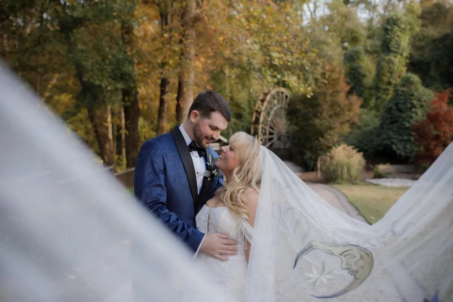 Bride and groom Outdoor portrait featuring makeup by Atlanta wedding artist