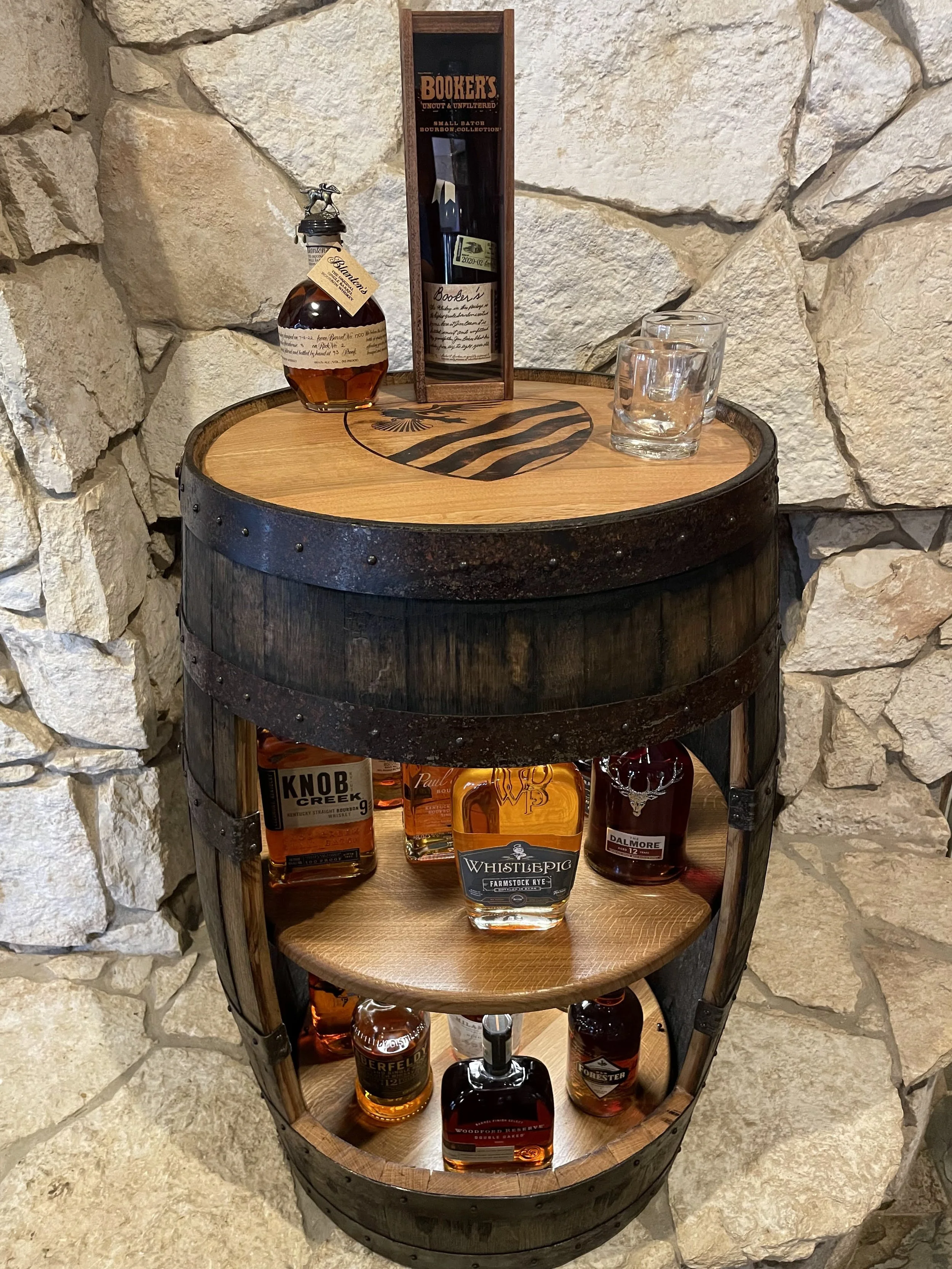 Bourbon Barrel Liquor Cabinet with Custom Wood Burning