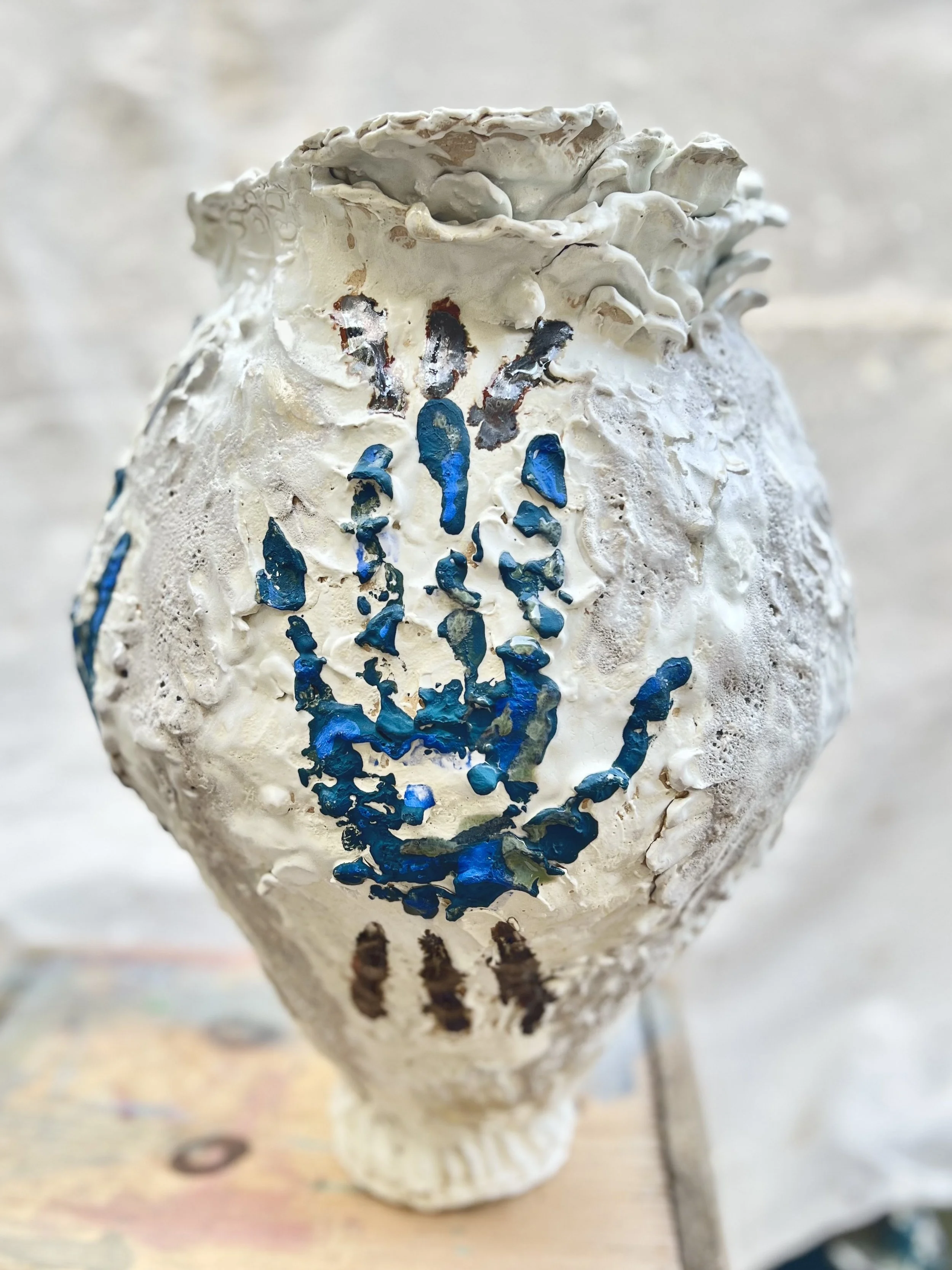 White Sculpture Vessel 17" x 12" Slipped and glazed stoneware